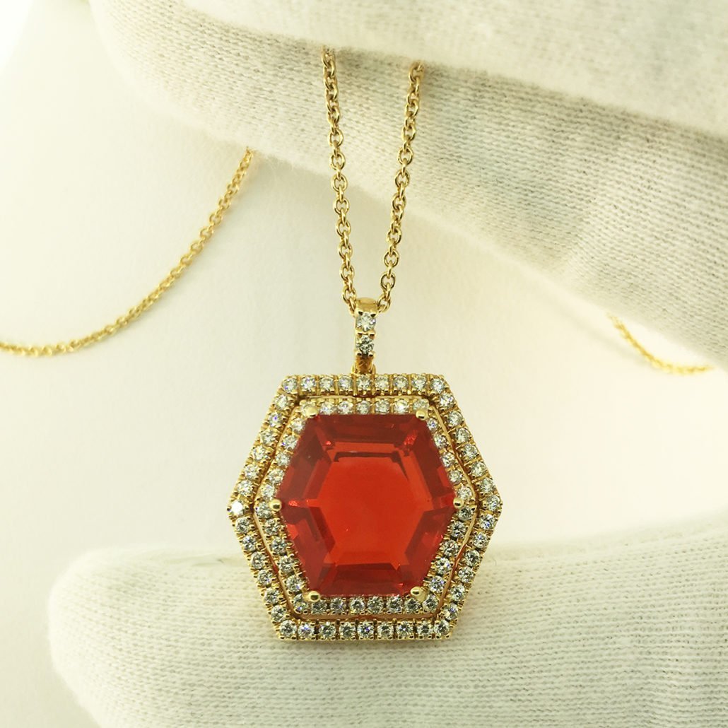 Mexican Fire Opal & Diamond Pendant in 14K Yellow Gold