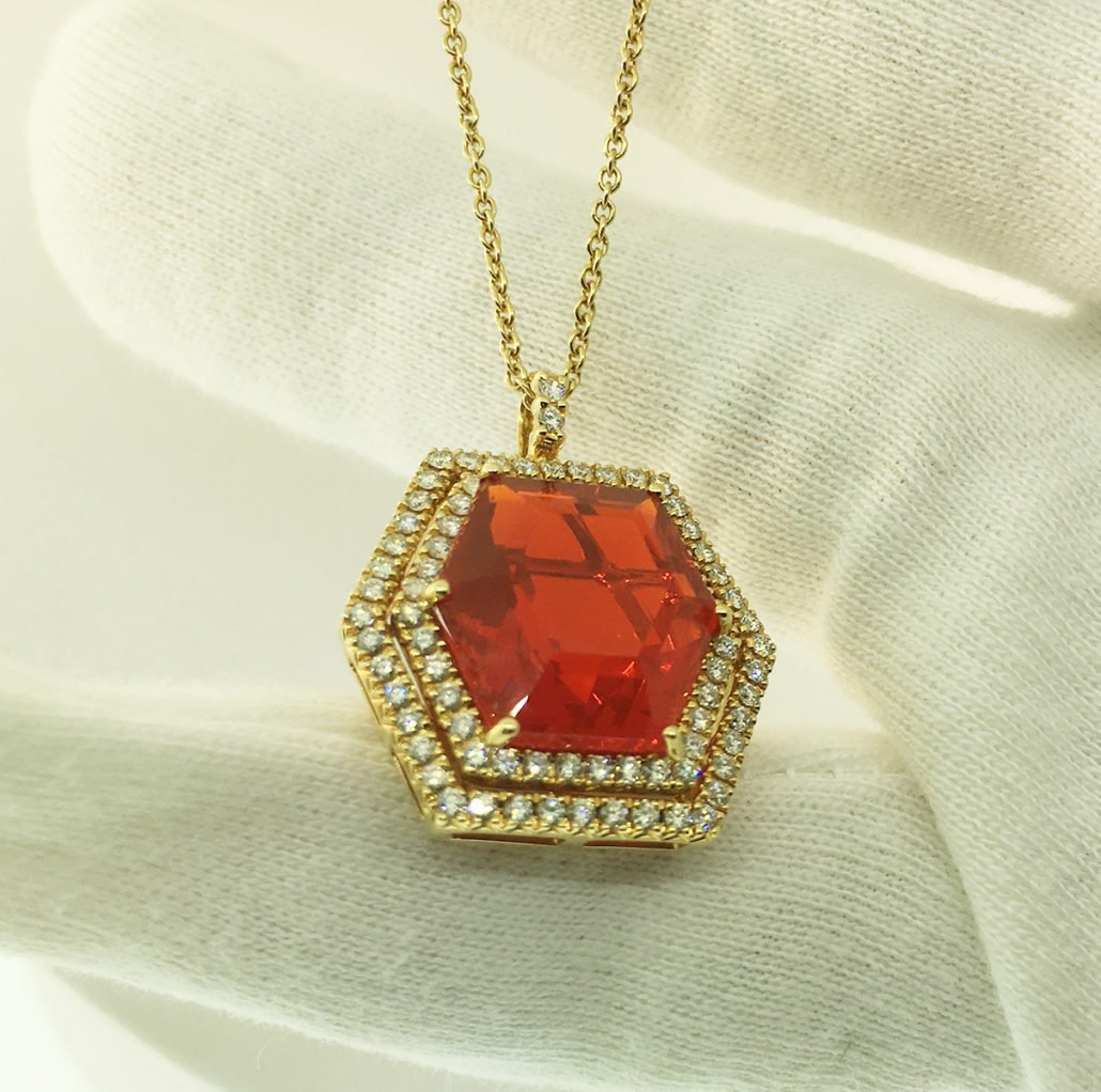 Mexican Fire Opal & Diamond Pendant in 14K Yellow Gold